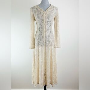 Vintage Sheer Lace Cream Long Sleeve Tie Back 70s 90s Dress